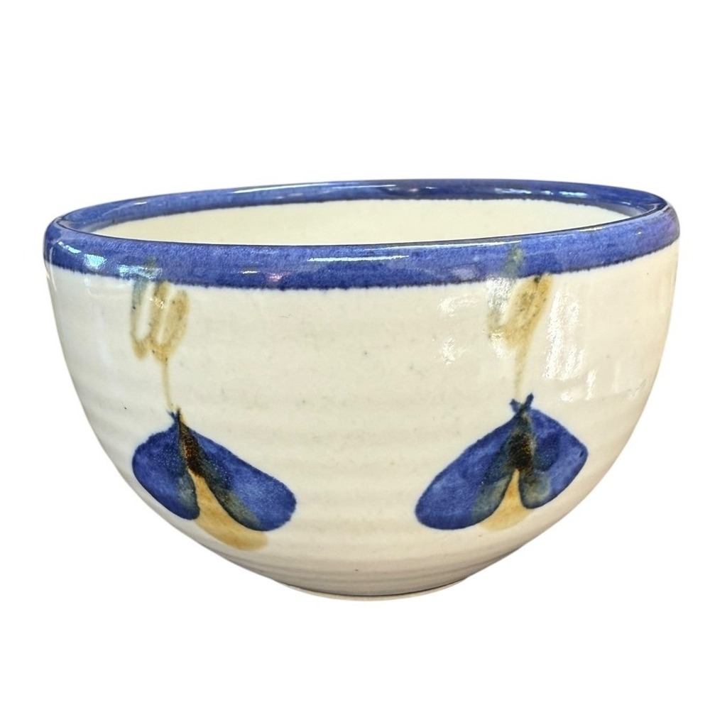 Hand Painted Studio Pottery Speckled Ceramic Bowl Blue White Butterfly Motif‎